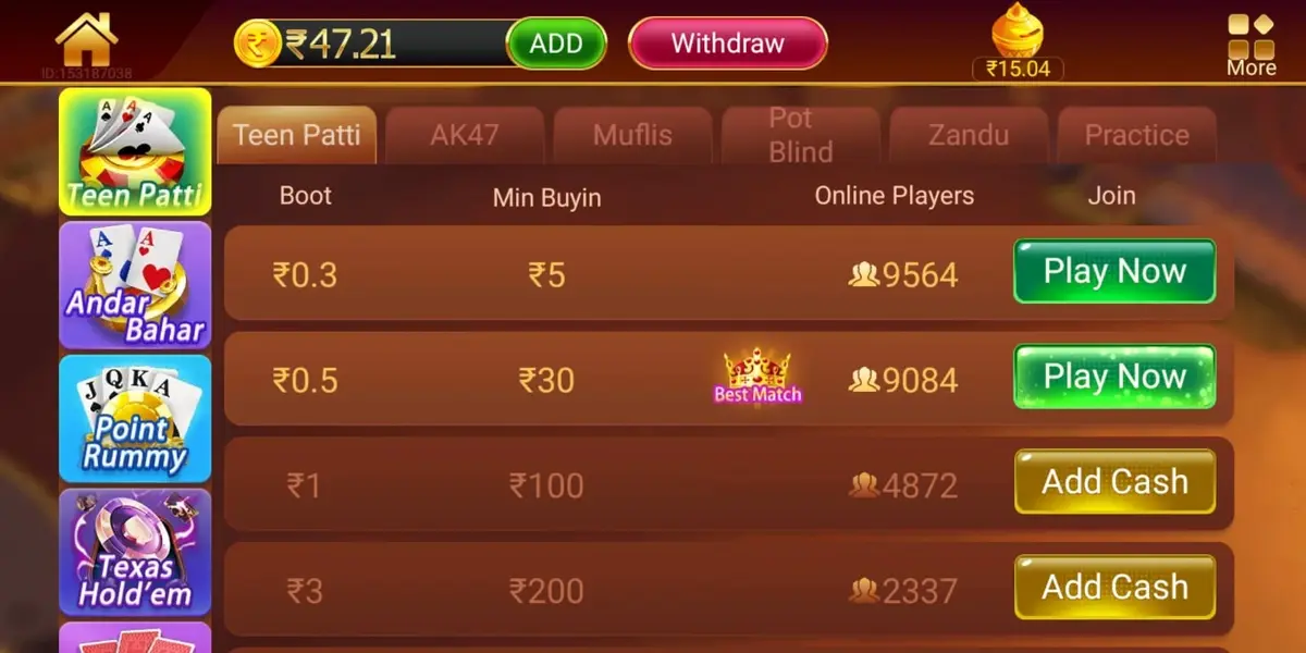 Teen Patti Master Table Stakes Boot Amounts